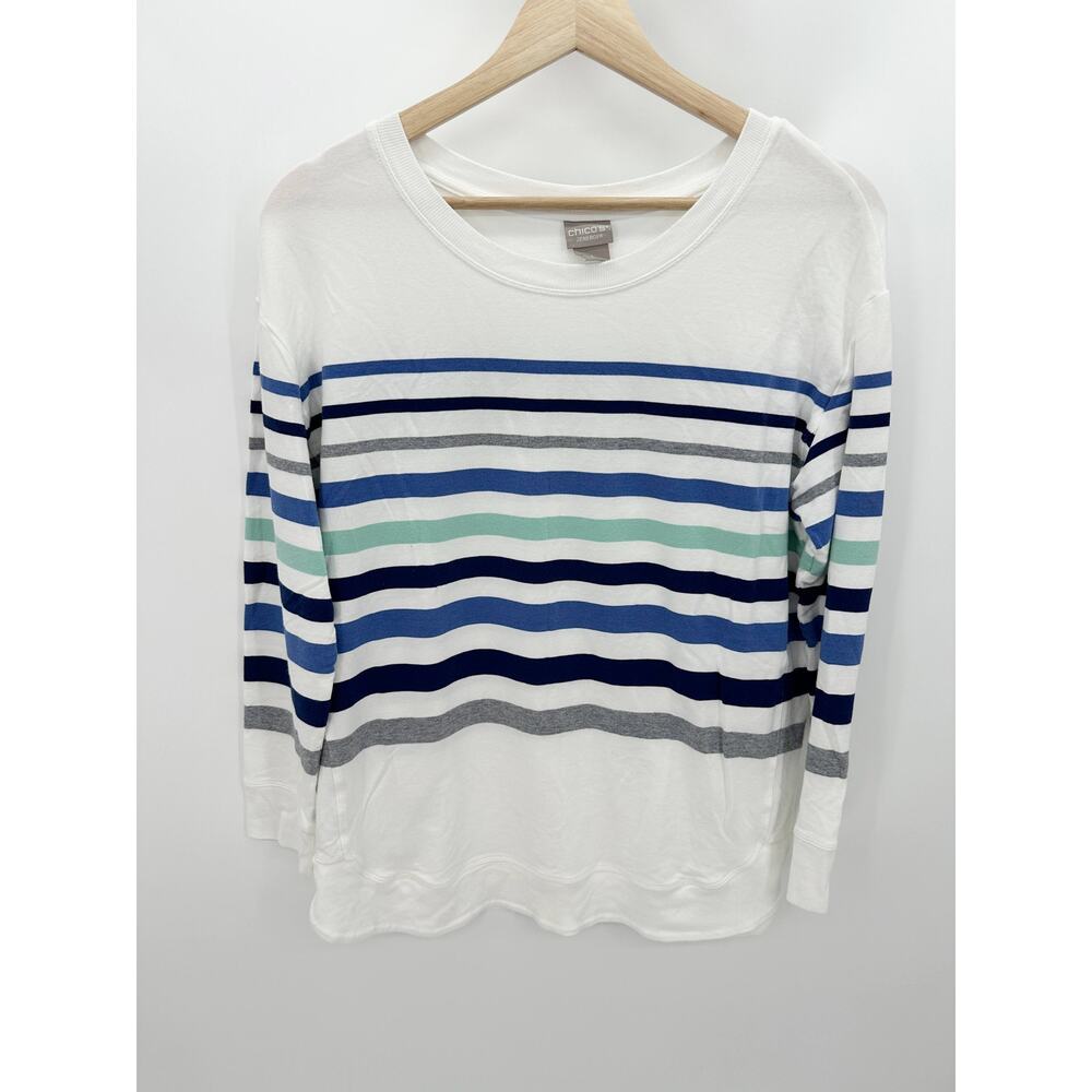 Chicos Zenergy Womens Striped Lightweight Top White Blue Sz 1 Medium M AX30